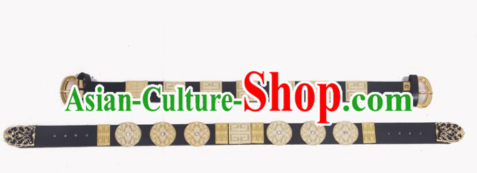 Asian Chinese Ming Dynasty Leather Belts, Traditional China Handmade Hanfu Officer Waistband for Men