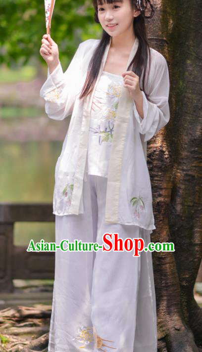 Asian China Song Dynasty Young Lady Costume Blouse and Pants, Traditional Ancient Chinese Princess Hanfu Embroidered Clothing for Women