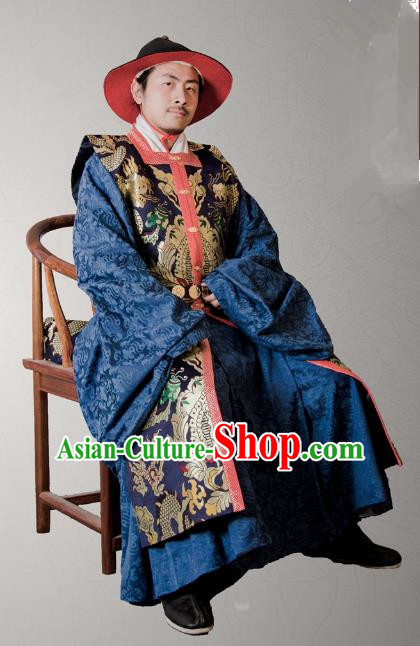 Asian China Ming Dynasty Swordsman Costume Blue Brocade Vest, Traditional Ancient Chinese Imperial Emperor Waistcoat Clothing for Men