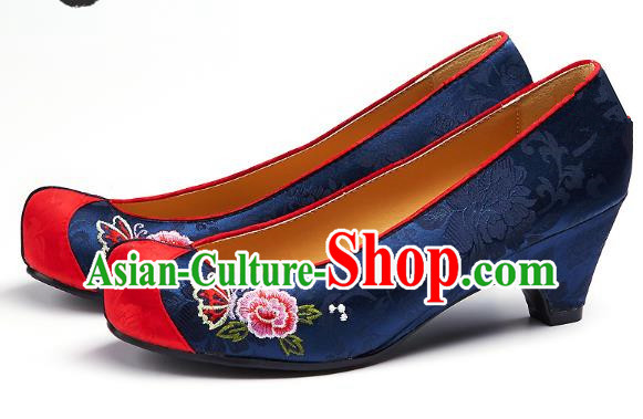 Traditional Korean National Embroidered Shoes, Asian Korean Hanbok Navy Wedding Shoes for Women