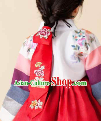 Traditional Korean Hair Accessories Embroidered Flowers Red Hair Ribbon, Asian Korean Fashion Headwear Wedding Headband for Kids