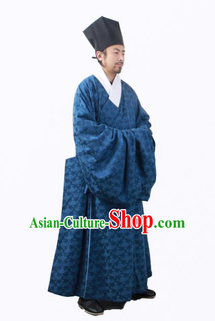 Asian China Han Dynasty Minister Costume Blue Robe, Traditional Ancient Chinese Chancellor Hanfu Clothing for Men