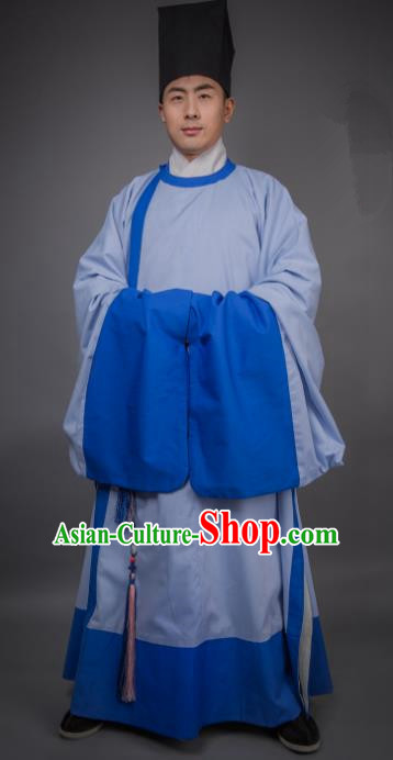 Asian China Ming Dynasty Minister Costume Blue Robe, Traditional Ancient Chinese Chancellor Hanfu Clothing for Men