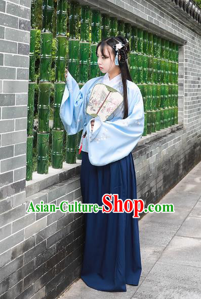Asian China Ming Dynasty Princess Costume Blue Blouse and Skirt, Traditional Ancient Chinese Palace Lady Hanfu Embroidered Clothing for Women