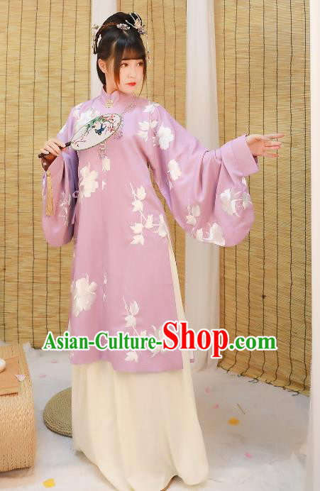 Asian China Ming Dynasty Princess Costume Purple Blouse and Skirt, Traditional Ancient Chinese Palace Lady Hanfu Embroidered Clothing for Women