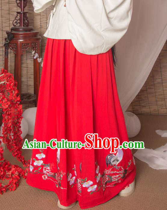 Asian China Ming Dynasty Palace Lady Costume Red Skirt, Traditional Ancient Chinese Imperial Princess Hanfu Embroidered Skirt Clothing for Women