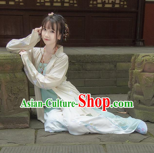 Asian China Song Dynasty Young Lady Costume, Traditional Ancient Chinese Hanfu Blouse and Pants Clothing for Women