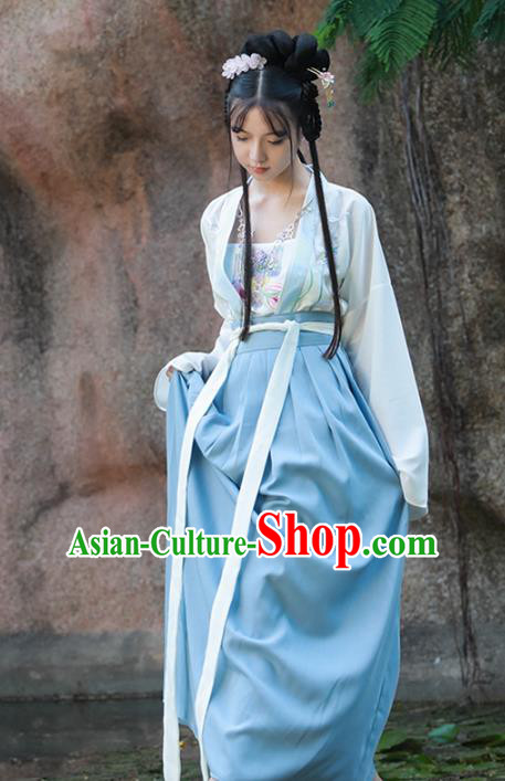 Asian China Ming Dynasty Young Lady Blue Costume Complete Set, Traditional Ancient Chinese Princess Hanfu Embroidered Clothing for Women