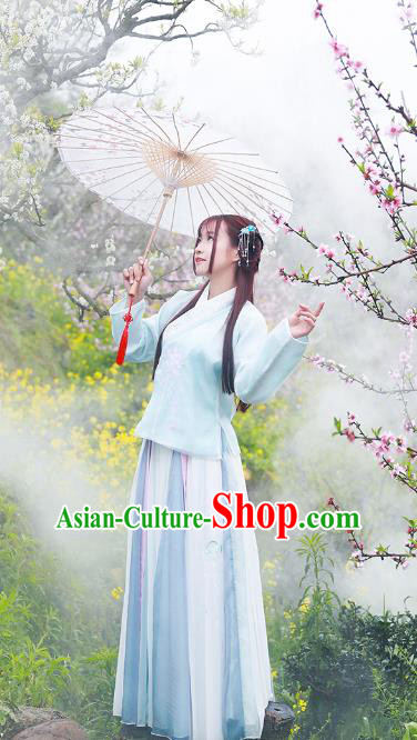 Asian China Ming Dynasty Young Lady Costume, Traditional Ancient Chinese Princess Hanfu Embroidered Blue Blouse and Skirt Clothing for Women