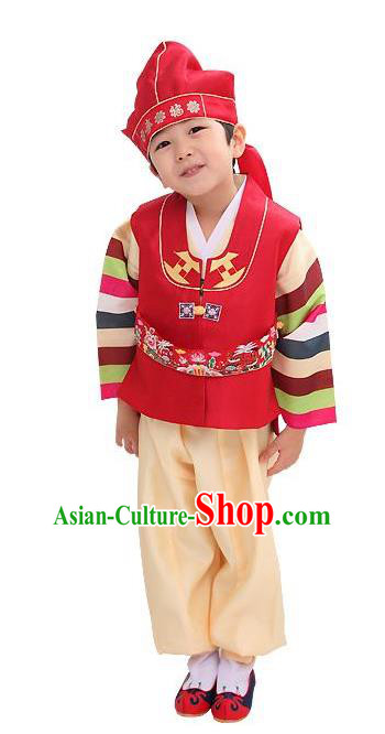 Traditional Korean Handmade Hanbok Embroidered Red Clothing, Asian Korean Apparel Hanbok Embroidery Bridegroom Costume for Kids