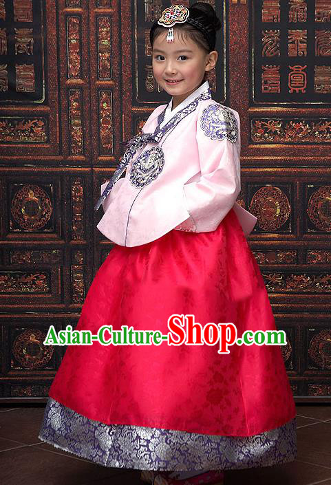 Traditional Korean National Top Grade Handmade Court Embroidered Clothing, Asian Korean Bride Hanbok Pink Blouse and Red Dress for Kids