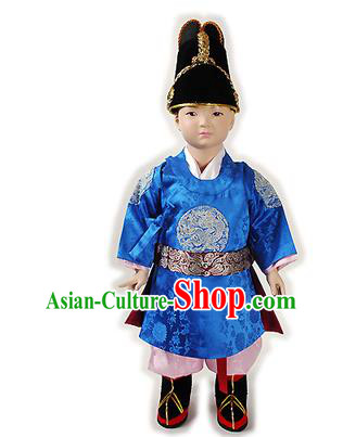 Traditional Korean National Handmade Court Embroidered Costume Boys Emperor Blue Robe, Asian Korean Hanbok Clothing for Kids