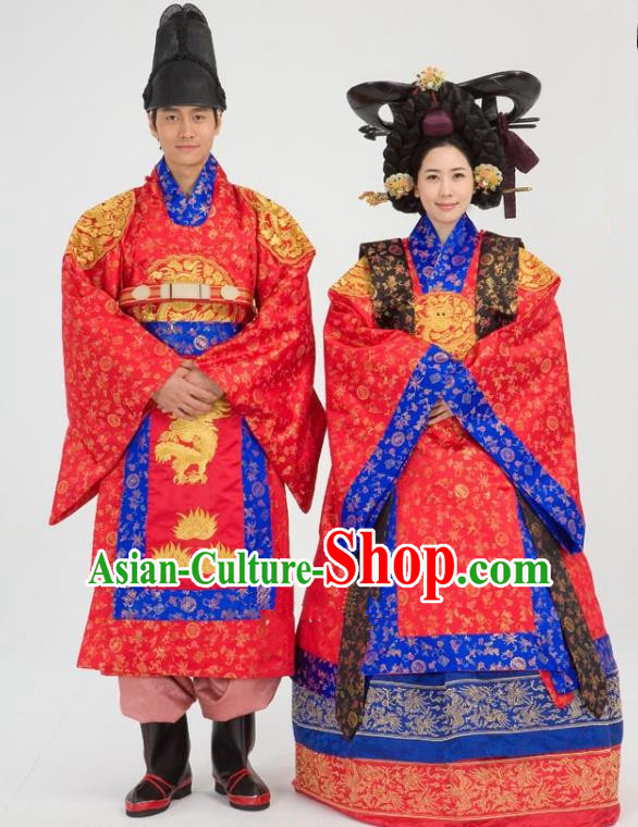 Traditional Korean National Handmade Court Embroidered Wedding Clothing, Asian Korean Apparel Hanbok Embroidery Bride and Bridegroom Costume for Women for Men