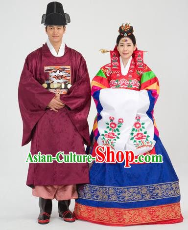 Traditional Korean National Handmade Court Embroidered Wedding Clothing, Asian Korean Bride and Bridegroom Costume for Women for Men