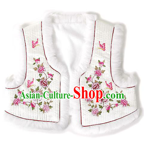 Traditional Korean National Handmade Court Embroidered Peony White Vest, Asian Korean Bride Waistcoat Costume for Kids