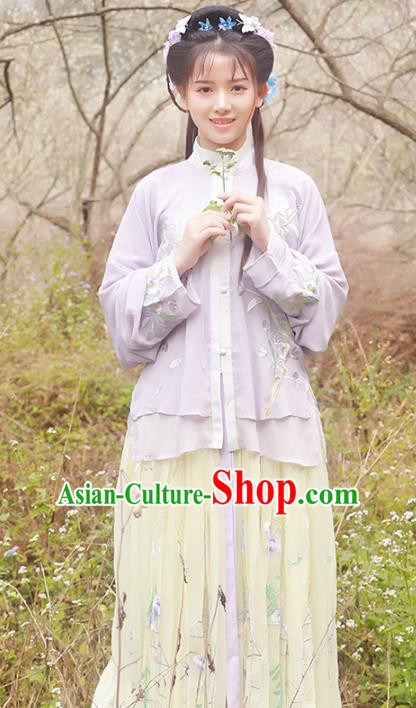 Asian China Ming Dynasty Young Lady Costume Blouse and Skirt, Traditional Ancient Chinese Imperial Princess Hanfu Embroidered Clothing for Women