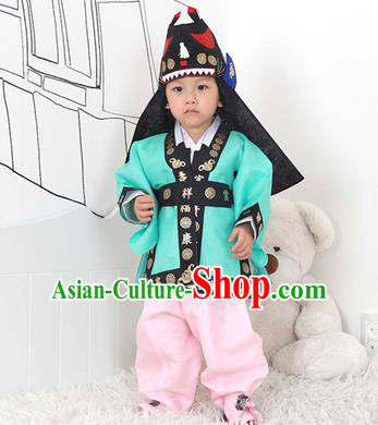 Traditional Korean Handmade Hanbok Embroidered Blue Costume and Hats, Asian Korean Apparel Hanbok Embroidery Clothing for Boys