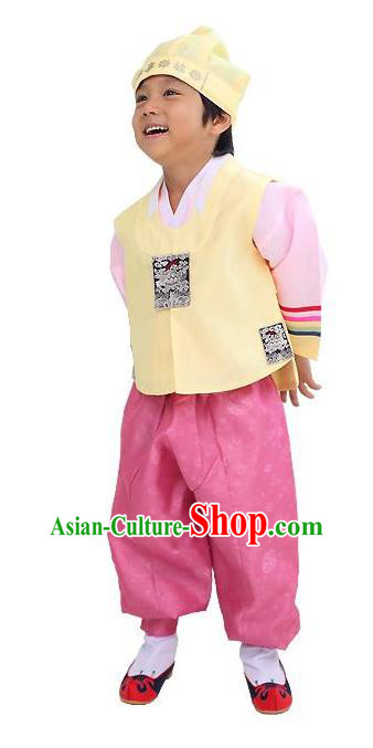 Traditional Korean Handmade Hanbok Embroidered Yellow Formal Occasions Costume, Asian Korean Apparel Hanbok Clothing for Boys