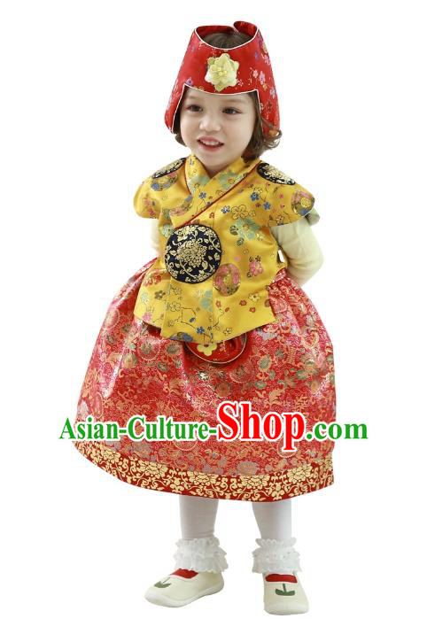 Traditional Korean Handmade Formal Occasions Embroidered Girls Wedding Costume Yellow Blouse and Red Dress Hanbok Clothing for Kids