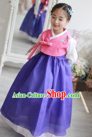 Traditional Korean Handmade Formal Occasions Embroidered Girls Wedding Costume Pink Blouse and Blue Dress Hanbok Clothing for Kids