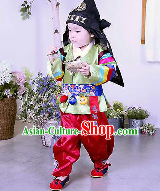 Traditional Korean Handmade Formal Occasions Embroidered Palace Prince Hanbok Green Clothing for Kids