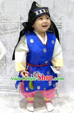Traditional Korean Handmade Formal Occasions Deep Blue Costume and Hats, Asian Korean Apparel Hanbok Clothing for Boys