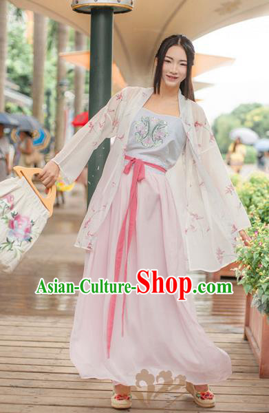 Asian China Song Dynasty Young Lady Embroidered Costume, Traditional Ancient Chinese Hanfu Blouse and Skirt Clothing for Women