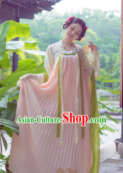 Asian China Tang Dynasty Young Lady Embroidered Costume, Traditional Chinese Ancient Hanfu Princess Clothing for Women