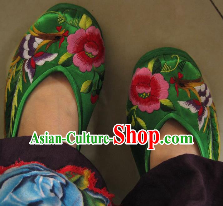Traditional Chinese Ancient Princess Shoes Green Cloth Embroidered Shoes, China Handmade Embroidery Phoenix Peony Hanfu Shoes for Women
