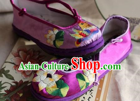 Traditional Chinese Ancient Princess Shoes Purple Cloth Embroidered Shoes, China Handmade Embroidery Lotus Hanfu Shoes for Women