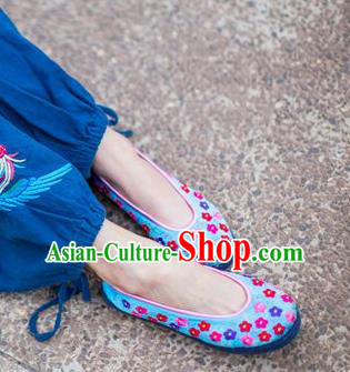 Traditional Chinese Ancient Princess Shoes Blue Cloth Embroidered Shoes, China Handmade Embroidery Flowers Hanfu Shoes for Women