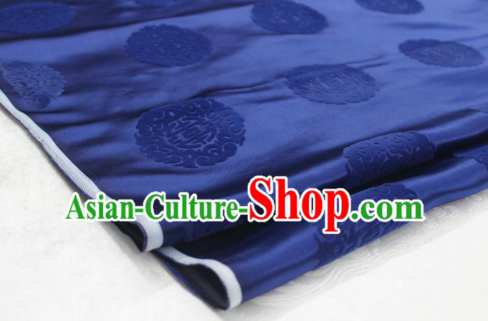 Chinese Traditional Royal Palace Longevity Pattern Deep Blue Brocade Mongolian Robe Fabric, Chinese Ancient Costume Satin Hanfu Tang Suit Material
