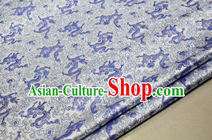 Chinese Traditional Royal Palace Blue Dragons Pattern Tang Suit White Brocade Fabric, Chinese Ancient Costume Satin Hanfu Mongolian Robe Material