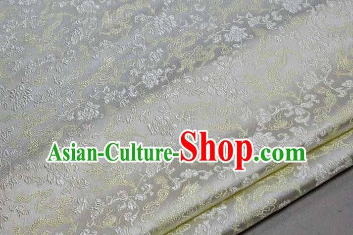 Chinese Traditional Royal Palace Yellow Dragons Pattern Tang Suit White Brocade Fabric, Chinese Ancient Costume Satin Hanfu Mongolian Robe Material
