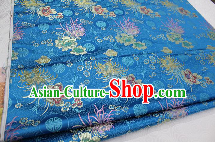 Chinese Traditional Royal Palace Longevity Chrysanthemum Pattern Tang Suit Cheongsam Blue Brocade Fabric, Chinese Ancient Costume Hanfu Material