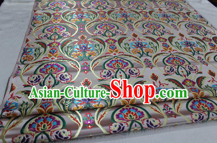 Chinese Traditional Royal Palace Flowers Pattern Beige Nanjing Brocade Mongolian Robe Fabric, Chinese Ancient Costume Satin Hanfu Tang Suit Material