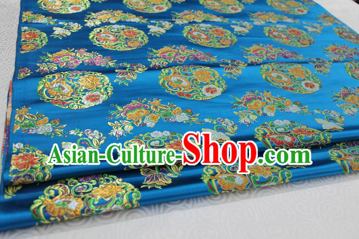 Chinese Traditional Ancient Costume Palace Round Peony Pattern Mongolian Robe Blue Nanjing Brocade Tang Suit Fabric Hanfu Material