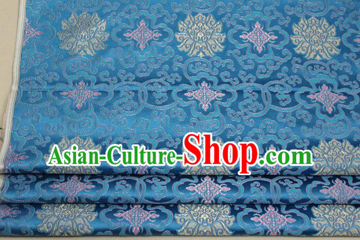Chinese Traditional Ancient Costume Palace Lotus Pattern Mongolian Robe Cheongsam Blue Brocade Tang Suit Fabric Hanfu Material