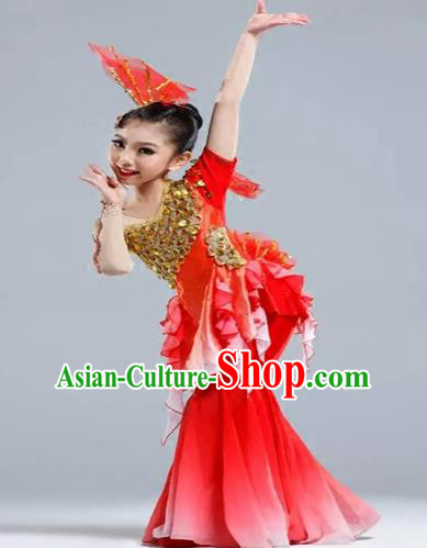 Traditional Chinese Classical Dance Yangge Fan Dancing Costume, Folk Dance Drum Dance Uniform Yangko Red Clothing for Kids