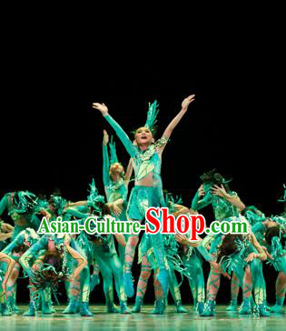 Traditional Chinese Classic Stage Performance Green Costume, Chinese Modern Dance Dress Clothing for Kids