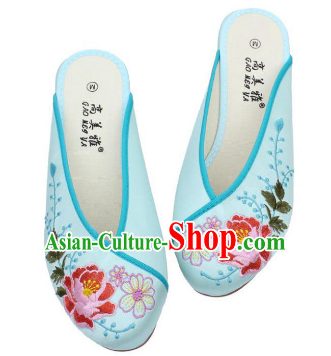 Traditional Chinese National Light Blue Embroidered Shoes, China Handmade Embroidery Peony Hanfu Slippers for Women