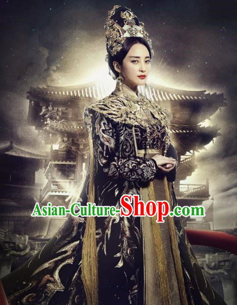 Traditional Ancient Chinese Tang Dynasty Empress Palace Queen Embroidered Tailing Dress Costume and Headpiece Complete Set for Women