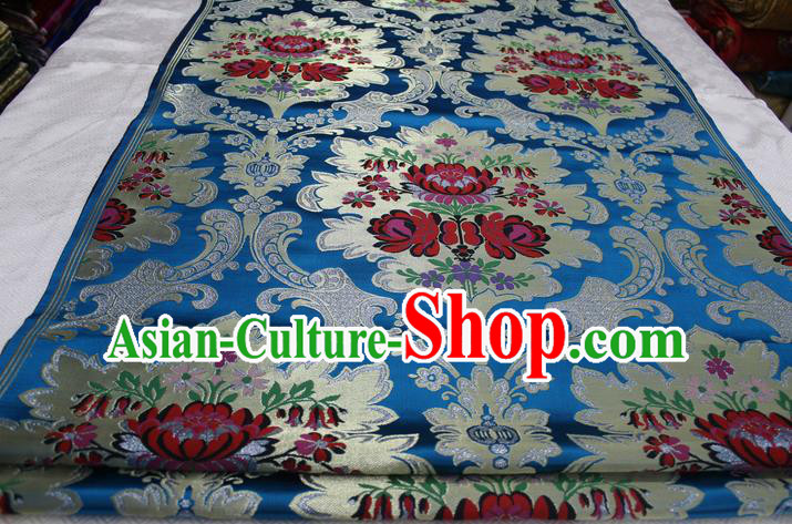 Chinese Traditional Ancient Wedding Costume Mongolian Robe Blue Brocade Palace Pattern Xiuhe Suit Satin Fabric Hanfu Material