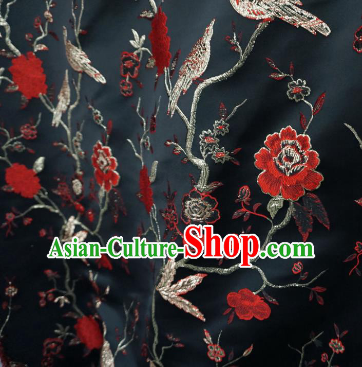 Chinese Traditional Royal Court Peach Blossom Birds Pattern Black Brocade Xiuhe Suit Fabric Ancient Costume Tang Suit Cheongsam Hanfu Material