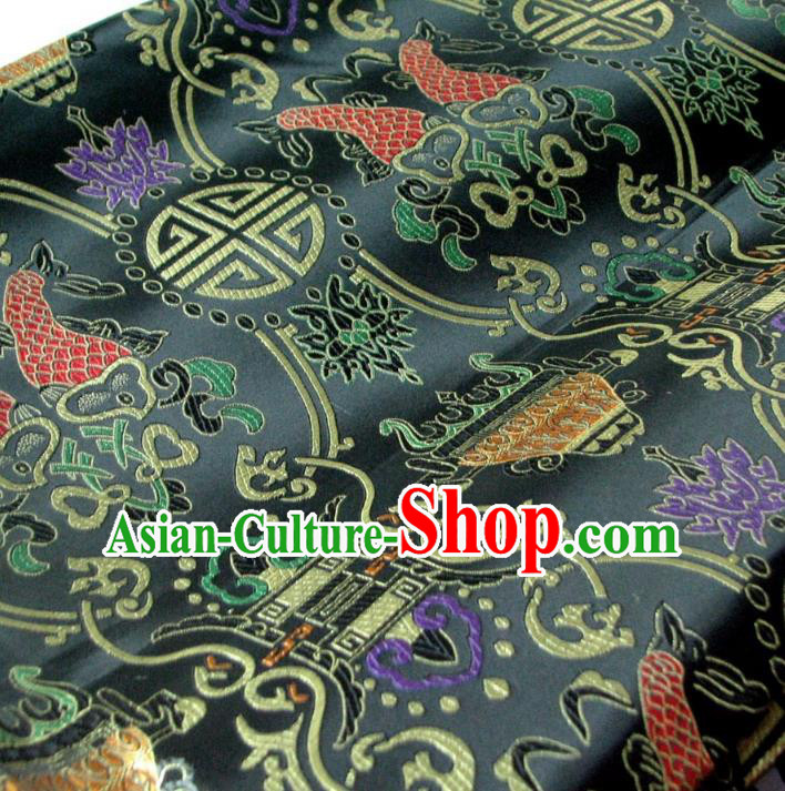 Chinese Traditional Royal Palace Fish Pattern Design Black Brocade Fabric Ancient Costume Tang Suit Cheongsam Hanfu Material