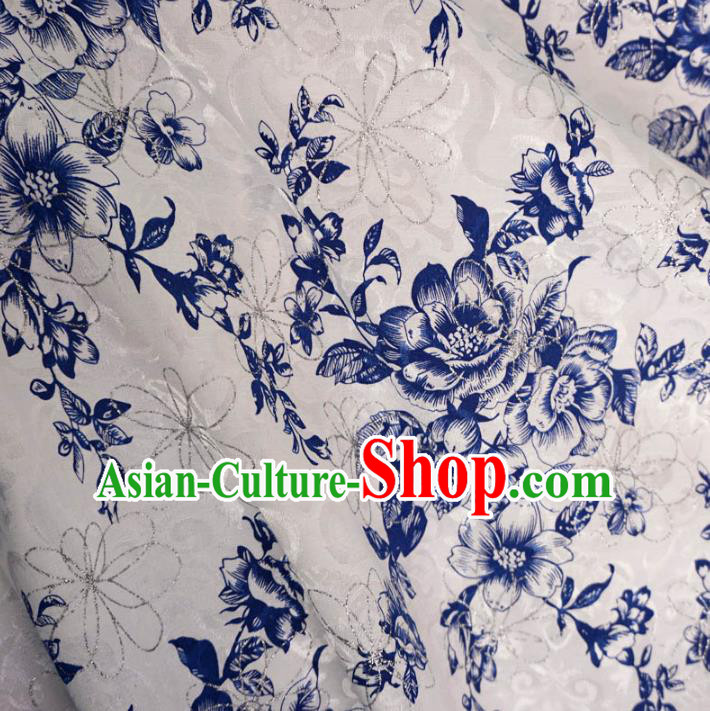 Chinese Traditional Royal Palace Blue Peony Pattern Design White Brocade Fabric Ancient Costume Tang Suit Cheongsam Hanfu Material