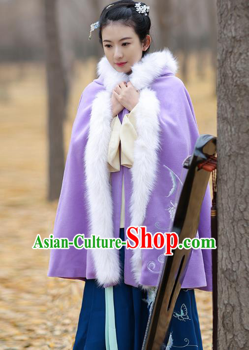 Traditional Chinese Ming Dynasty Young Lady Hanfu Costume Embroidered Purple Wool Short Cloak for Women