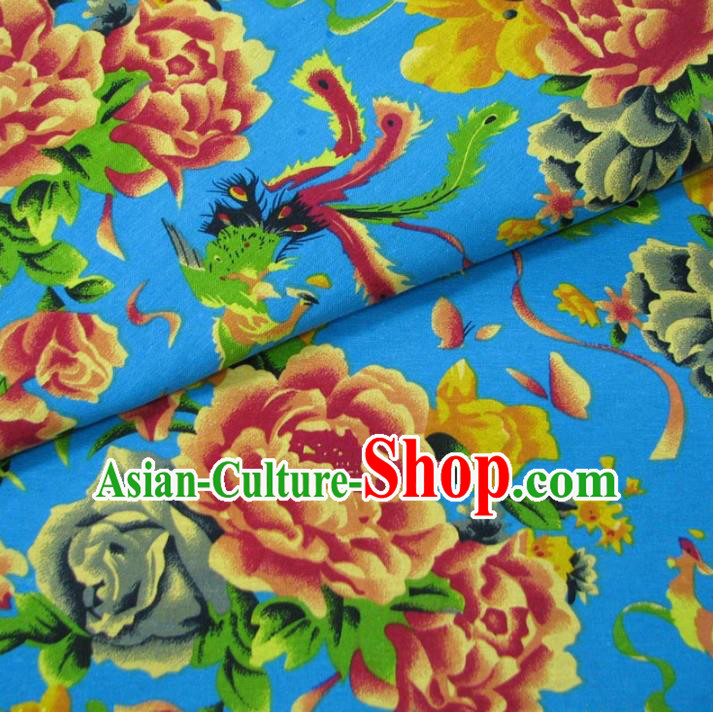 Chinese Traditional Palace Phoenix Peony Pattern Hanfu Blue Cotton Fabric Ancient Costume Tang Suit Cheongsam Material