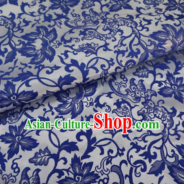 Chinese Traditional Palace Blue Pattern Hanfu White Brocade Fabric Ancient Costume Tang Suit Cheongsam Material