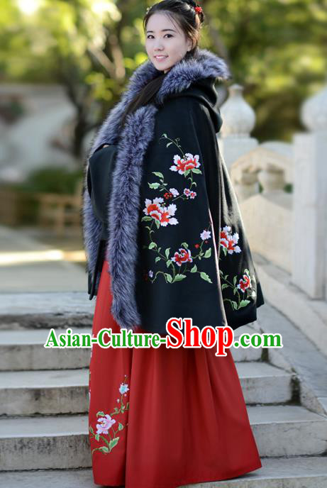 Traditional Chinese Ming Dynasty Palace Lady Princess Hanfu Embroidered Flowers Black Cloak Costume for Women